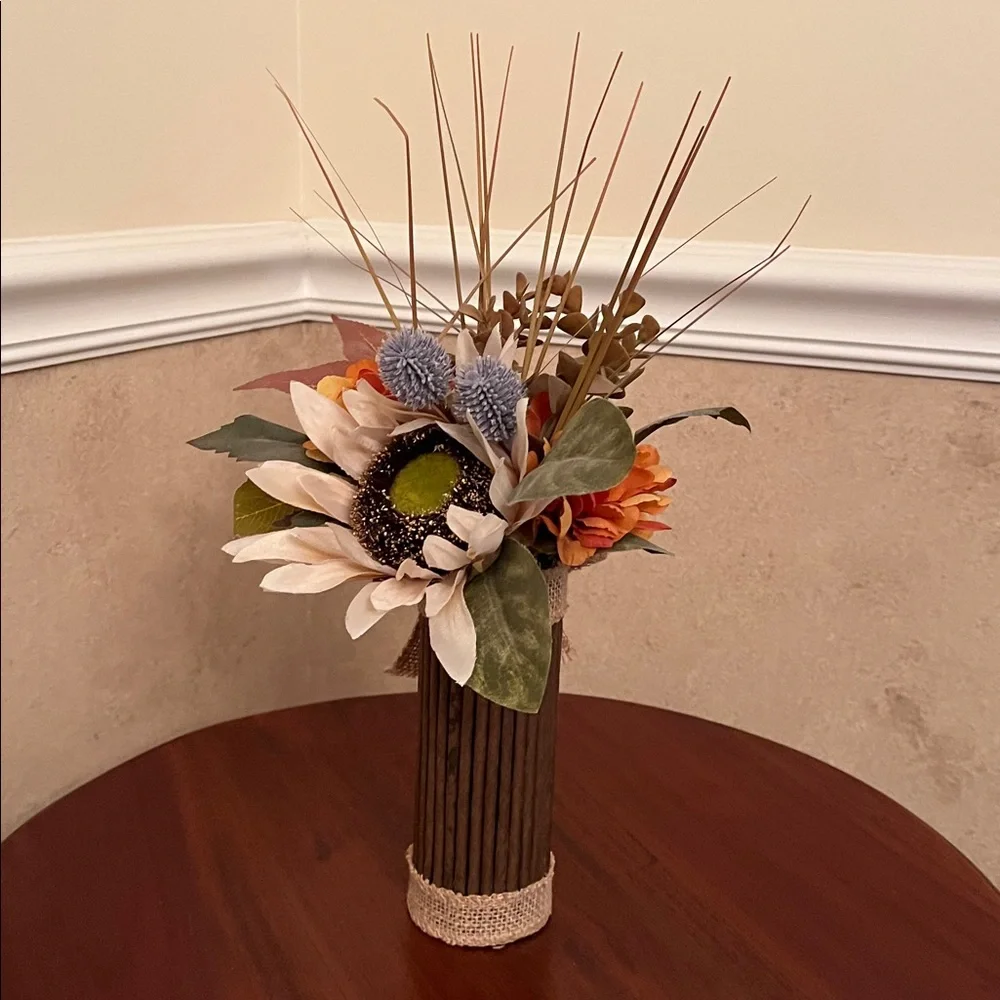 15” Rustic Fall Floral Arrangement in Twig Vase with Burlap Accent – NEW